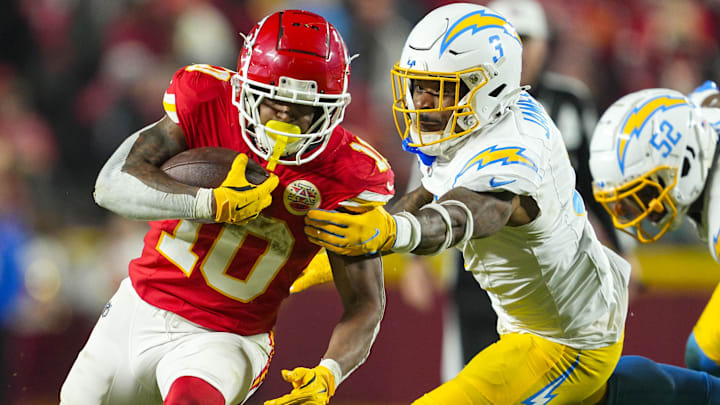 Dec 8, 2024; Kansas City, Missouri, USA; Kansas City Chiefs running back Isiah Pacheco (10) runs the ball against Los Angeles Chargers safety Derwin James Jr. (3) during the second half at GEHA Field at Arrowhead Stadium. Mandatory Credit: Jay Biggerstaff-Imagn Images Dec 8, 2024; Kansas City, Missouri, USA; Kansas City Chiefs running back Isiah Pacheco (10) runs the ball against Los Angeles Chargers safety Derwin James Jr. (3) during the second half at GEHA Field at Arrowhead Stadium. Mandatory Credit: Jay Biggerstaff-Imagn Images