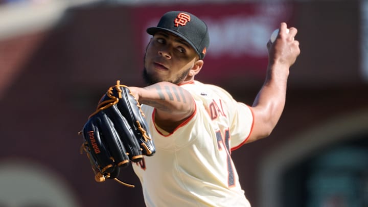 Sep 28, 2024; San Francisco, California, USA; San Francisco Giants pitcher Camilo Doval (75) throws a pitch against the St. Louis Cardinals during the sixth inning at Oracle Park. 