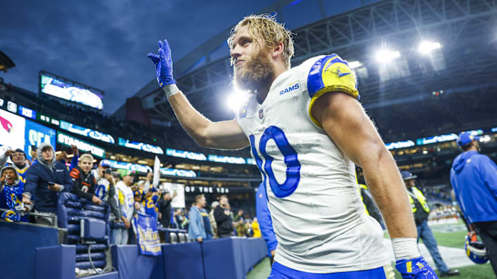 Nov 3, 2024; Seattle, Washington, USA; Los Angeles Rams wide receiver Cooper Kupp (10) waves to fans following an overtime victory against the Seattle Seahawks at Lumen Field. Nov 3, 2024; Seattle, Washington, USA; Los Angeles Rams wide receiver Cooper Kupp (10) waves to fans following an overtime victory against the Seattle Seahawks at Lumen Field.