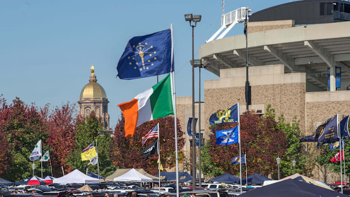 A general view of the golden dome and the stadium at the University of Notre Dame.