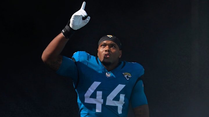 Jacksonville Jaguars defensive end Travon Walker (44) is introduced before an NFL football matchup Sunday, Oct. 27, 2024 at EverBank Stadium in Jacksonville, Fla. The Packers edged the Jaguars 30-27 on a last-second field goal. [Corey Perrine/Florida Times-Union]
