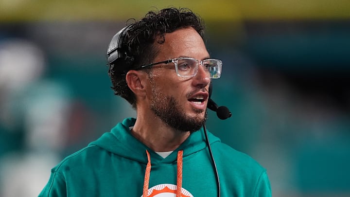 Sep 12, 2024; Miami Gardens, Florida, USA; Miami Dolphins head coach Mike McDaniel walks on the field during the first half at Hard Rock Stadium. Mandatory Credit: Jasen Vinlove-Imagn Images