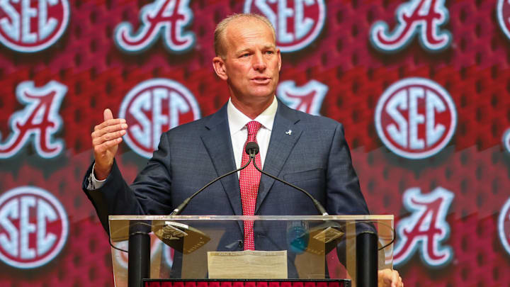 Jul 16, 2025; Atlanta, GA, USA; University of Alabama head coach Kalen DeBoer talks to the media during the SEC Media Days at Omni Atlanta Hotel. Mandatory Credit: Jordan Godfree-Imagn Images Jul 16, 2025; Atlanta, GA, USA; University of Alabama head coach Kalen DeBoer talks to the media during the SEC Media Days at Omni Atlanta Hotel. Mandatory Credit: Jordan Godfree-Imagn Images