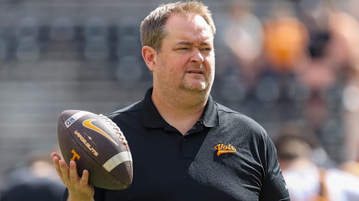 Oct 11, 2025; Knoxville, Tennessee, USA;  Tennessee Volunteers head coach Josh Heupel before the game against the Arkansas Razorbacks at Neyland Stadium. Mandatory Credit: Randy Sartin-Imagn Images