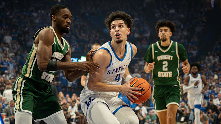 Kentucky's Koby Brea (4) drove to the basket during the Wildcats' season-opening game against Wright State at Rupp Arena in Lexington, Ky. The Wildcats defeated the Raiders 103-62. November 4, 2024.