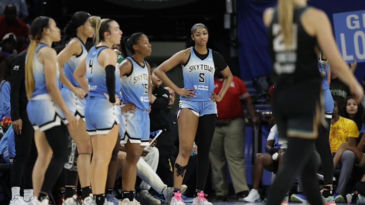 Jul 13, 2024; Chicago, Illinois, USA; Chicago Sky forward Angel Reese (5) looks on during the second half of a WNBA game against the New York Liberty at Wintrust Arena. Mandatory Credit: Kamil Krzaczynski-Imagn Images