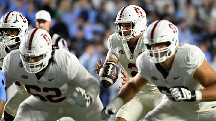 Nov 8, 2025; Chapel Hill, North Carolina, USA;  Stanford Cardinal quarterback Elijah Brown (2) takes the snap in the second quarter at Kenan Stadium. Mandatory Credit: Bob Donnan-Imagn Images