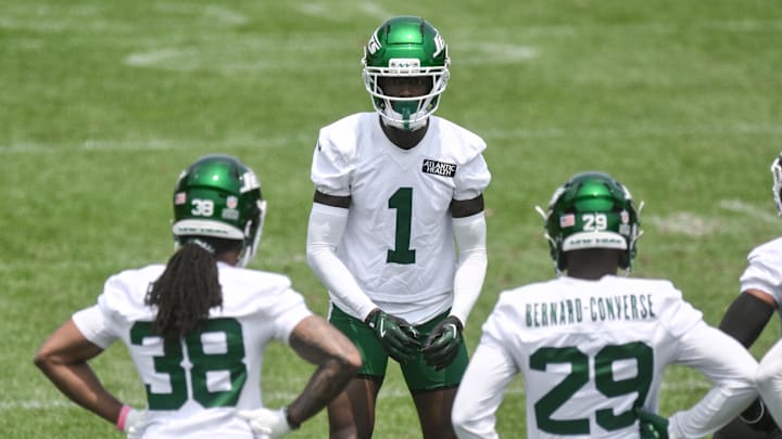 Jun 11, 2025; Florham Park, NY, USA; New York Jets cornerback Sauce Gardner (1) participates in a drill during minicamp at Atlantic Health Jets Training Center. Mandatory Credit: John Jones-Imagn Images