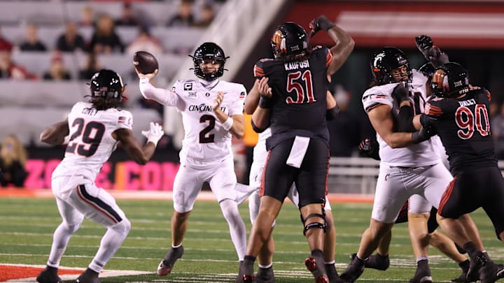 Nov 1, 2025; Salt Lake City, Utah, USA; Cincinnati Bearcats quarterback Brendan Sorsby (2) passes against the Utah Utes during the second half at Rice-Eccles Stadium. Mandatory Credit: Rob Gray-Imagn Images