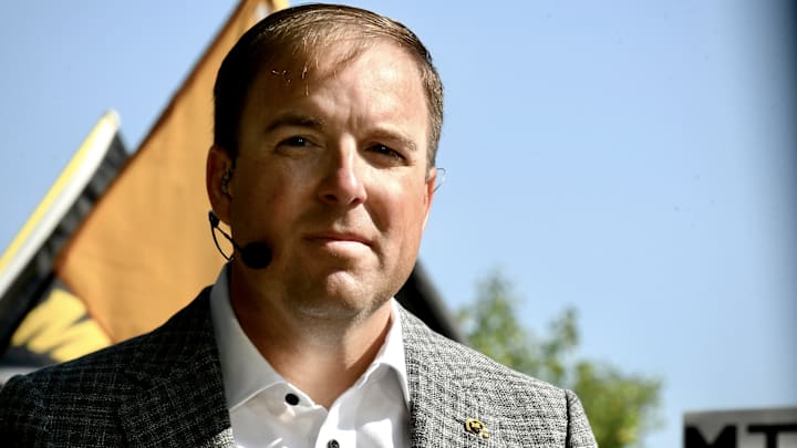 Sep 6, 2025; Columbia, Missouri, USA; Missouri Tigers coach Eli Drinkwitz during his appearance on "SEC Nation" ahead of the renewed Border Showdown between the Tigers and Kansas Jayhawks at Faurot Field at Memorial Stadium.