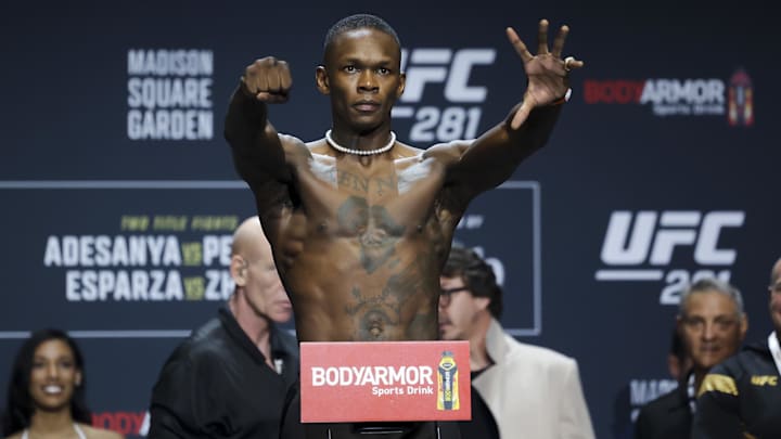 Nov 11, 2022; New York, NY, USA; Israel Adesanya gestures during weigh-ins for UFC 281. Mandatory