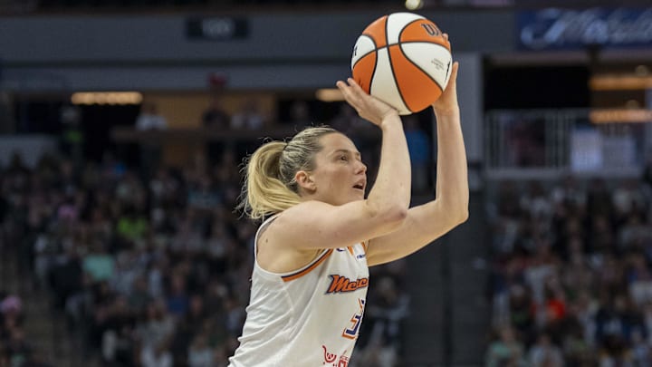 Sep 21, 2025; Minneapolis, Minnesota, USA; Phoenix Mercury guard Sami Whitcomb (33) shoots the ball against the Minnesota Lynx in the second half during game one of the second round for the 2025 WNBA Playoffs at Target Center. Mandatory Credit: Jesse Johnson-Imagn Images