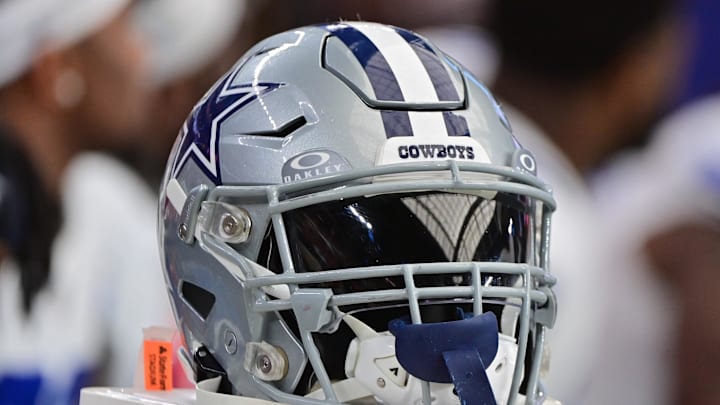 Sep 24, 2023; Glendale, Arizona, USA;  Detail view of a Dallas Cowboys helmet in the second half against the Arizona Cardinals at State Farm Stadium. Mandatory Credit: Matt Kartozian-Imagn Images