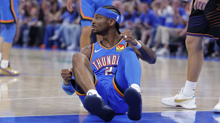 Apr 19, 2026; Oklahoma City, Oklahoma, USA; Oklahoma City Thunder guard Shai Gilgeous-Alexander (2) reacts after a play against the Phoenix Suns in the second half during game one of the first round of the 2026 NBA Playoffs at Paycom Center. Mandatory Credit: Alonzo Adams-Imagn Images