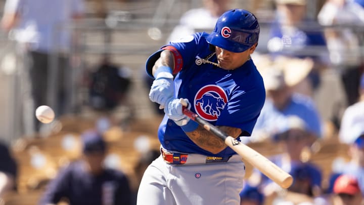 Chicago Cubs designated hitter Moises Ballesteros against the Los Angeles Dodgers during a spring training game at Camelback Ranch-Glendale.