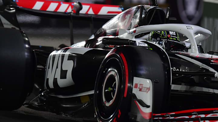 Nov 22, 2024; Las Vegas, Nevada, USA; Haas F1 driver Nico Hulkenberg (27) during qualifying at Las Vegas Circuit. Mandatory Credit: Gary A. Vasquez-Imagn Images