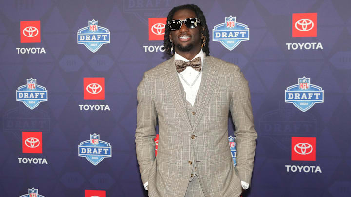 Apr 25, 2024; Detroit, MI, USA; LSU Tigers wide receiver Brian Thomas Jr. stands on the red carpet