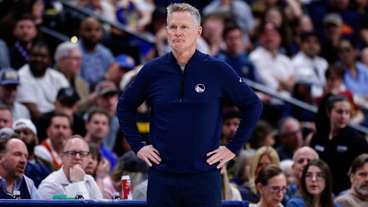 Mar 29, 2026; Denver, Colorado, USA; Golden State Warriors head coach Steve Kerr looks on in the first quarter against the Denver Nuggets at Ball Arena. Mandatory Credit: Isaiah J. Downing-Imagn Images