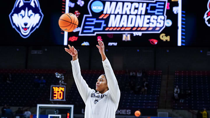Mar 22, 2025; Storrs, Connecticut, USA; UConn Huskies forward Sarah Strong (21) warms up before the start of the game against the Arkansas State Red Wolves at Harry A. Gampel Pavilion. Mandatory Credit: David Butler II-Imagn Images