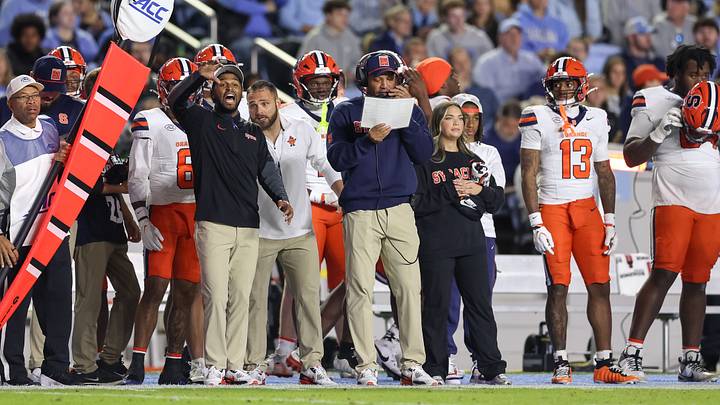 Oct 24, 2026; Chapel Hill, North Carolina, USA; Syracuse Orange head coach Fran Brown calls a play during the first half against North Carolina Tar Heels at Kenan Stadium. Mandatory Credit: Cory Knowlton-Imagn Images Oct 24, 2026; Chapel Hill, North Carolina, USA; Syracuse Orange head coach Fran Brown calls a play during the first half against North Carolina Tar Heels at Kenan Stadium. Mandatory Credit: Cory Knowlton-Imagn Images