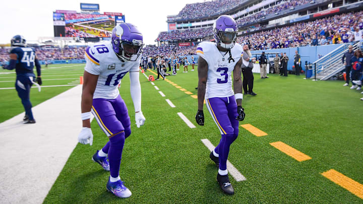 Nov 17, 2024; Nashville, Tennessee, USA; Minnesota Vikings wide receiver Justin Jefferson (18) celebrates with wide receiver Jordan Addison (3) after his touchdown against the Tennessee Titans during the first half at Nissan Stadium. Nov 17, 2024; Nashville, Tennessee, USA; Minnesota Vikings wide receiver Justin Jefferson (18) celebrates with wide receiver Jordan Addison (3) after his touchdown against the Tennessee Titans during the first half at Nissan Stadium.