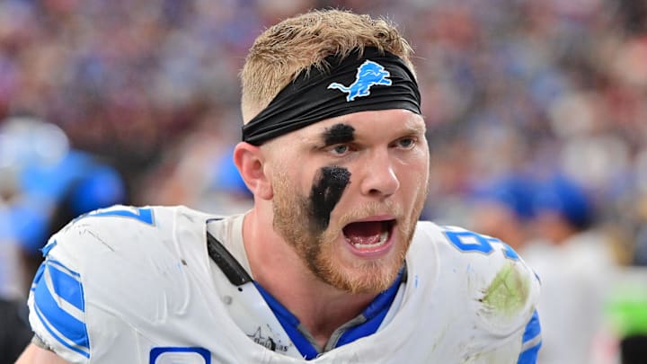 Sep 22, 2024; Glendale, Arizona, USA;  Detroit Lions defensive end Aidan Hutchinson (97) reacts in the second half against the Arizona Cardinals at State Farm Stadium. Mandatory Credit: Matt Kartozian-Imagn Images