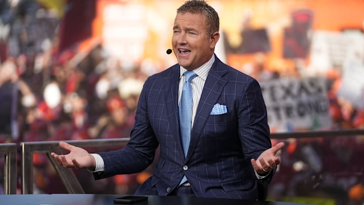 Kirk Herbstreit speaks on the set of ESPN College GameDay prior to the NCAA football game between the Ohio State Buckeyes and the Texas Longhorns at Ohio Stadium on Aug. 30, 2025.