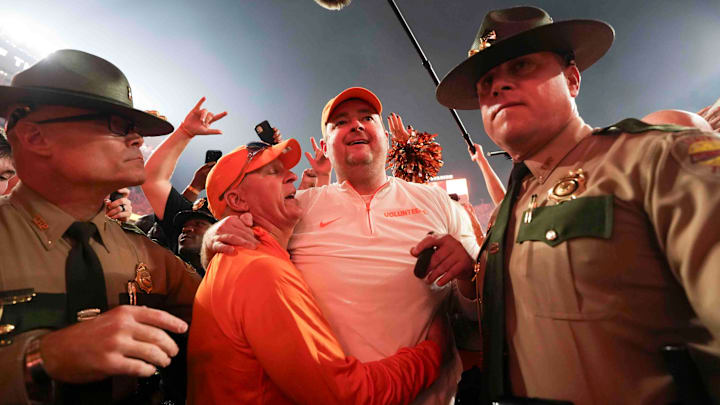 Josh Heupel exits the field after winning a game between Tennessee and Alabama at Neyland Stadium in Knoxville, Tenn., Saturday, Oct. 19, 2024.
