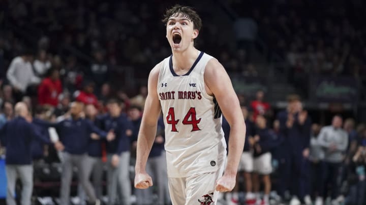 March 12, 2024; Las Vegas, NV, USA; Saint Mary's Gaels guard Alex Ducas (44) celebrates against the Gonzaga Bulldogs during the second half in the finals of the WCC Basketball Championship at Orleans Arena. Mandatory Credit: Kyle Terada-USA TODAY Sports