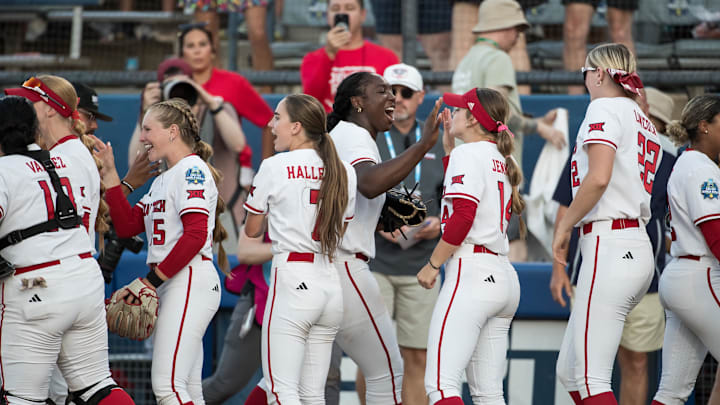 May 31, 2025; Oklahoma City, OK, USA; Texas Tech Red Raiders pitcher NiJaree Canady (24) celebrates with her teammates after defeating the UCLA Bruins 3-1 during the NCAA Softball Women's College World Series at Devon Park. Mandatory Credit: Brett Rojo-Imagn Images