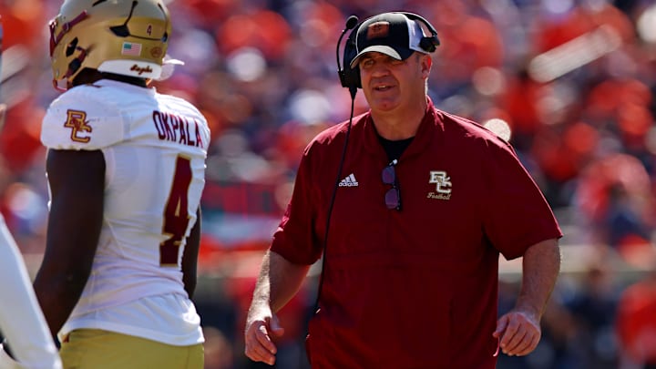 Oct 5, 2024; Charlottesville, Virginia, USA; Boston College Eagles head coach Bill O'Brien looks on during the second quarter against the Virginia Cavaliers at Scott Stadium. Mandatory Credit: Peter Casey-Imagn Images Oct 5, 2024; Charlottesville, Virginia, USA; Boston College Eagles head coach Bill O'Brien looks on during the second quarter against the Virginia Cavaliers at Scott Stadium. Mandatory Credit: Peter Casey-Imagn Images