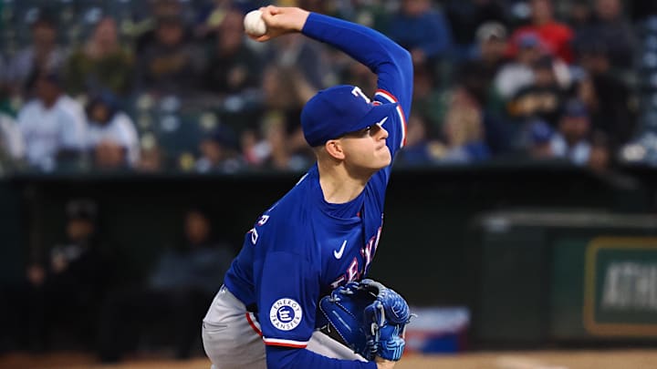 Sep 25, 2024; Oakland, California, USA; Texas Rangers starting pitcher Cody Bradford (61) pitches the ball against the Oakland Athletics during the first inning at Oakland-Alameda County Coliseum. Sep 25, 2024; Oakland, California, USA; Texas Rangers starting pitcher Cody Bradford (61) pitches the ball against the Oakland Athletics during the first inning at Oakland-Alameda County Coliseum.