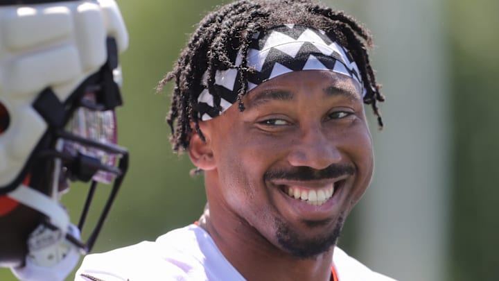 Cleveland Browns defensive end Myles Garrett flashes a smile during training camp.