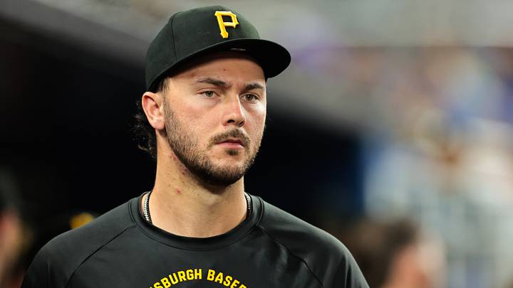 Aug 12, 2026; Miami, Florida, USA; Pittsburgh Pirates pitcher Paul Skenes (30) looks on from the dugout against the Miami Marlins during the eighth inning at loanDepot Park. Mandatory Credit: Sam Navarro-Imagn Images