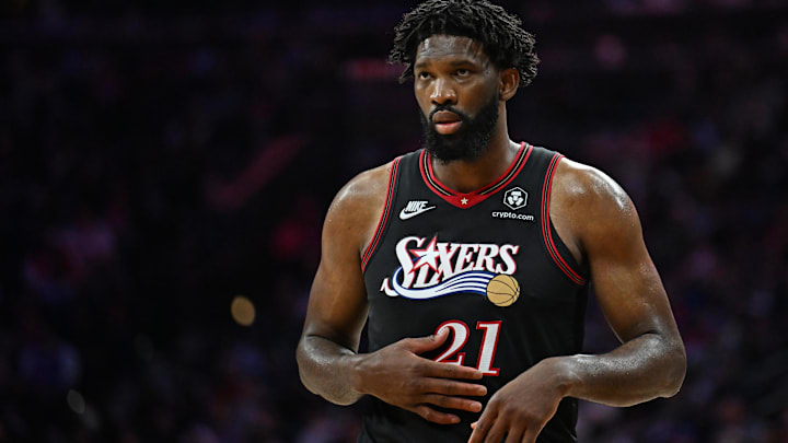 Apr 26, 2026; Philadelphia, Pennsylvania, USA; Philadelphia 76ers center Joel Embiid (21) against the Boston Celtics during the second half at Xfinity Mobile Arena. Mandatory Credit: Eric Hartline-Imagn Images