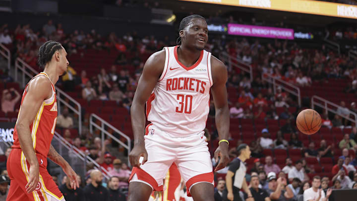 Oct 6, 2025; Houston, Texas, USA; Houston Rockets center Clint Capela (30) reacts after scoring during the second quarter against the Atlanta Hawks at Toyota Center. Mandatory Credit: Troy Taormina-Imagn Images Oct 6, 2025; Houston, Texas, USA; Houston Rockets center Clint Capela (30) reacts after scoring during the second quarter against the Atlanta Hawks at Toyota Center. Mandatory Credit: Troy Taormina-Imagn Images