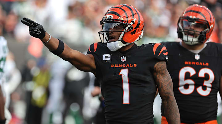 Oct 26, 2025; Cincinnati, Ohio, USA; Cincinnati Bengals wide receiver Ja'Marr Chase (1) reacts during the fourth quarter against the New York Jets at Paycor Stadium. Mandatory Credit: Joseph Maiorana-Imagn Images