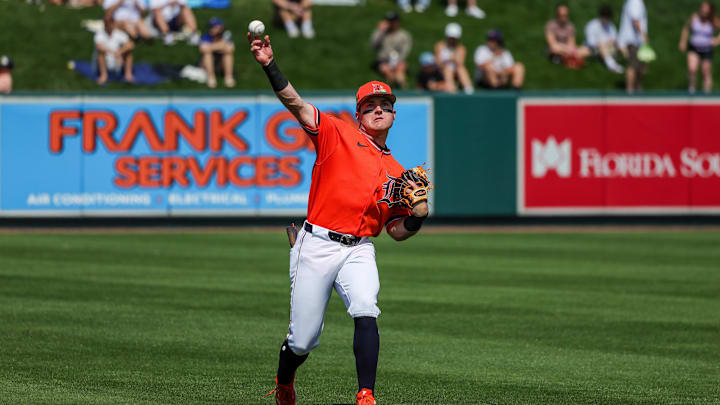 Kevin McGonigle (85) warms up before the game against the Toronto Blue Jays at Publix Field at Joker Marchant Stadium.