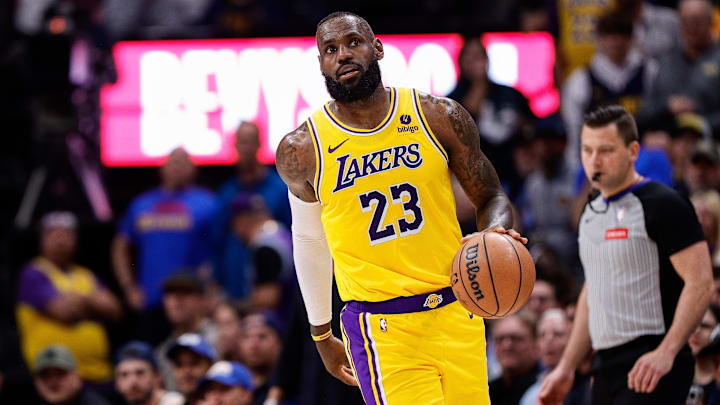 Apr 29, 2024; Denver, Colorado, USA; Los Angeles Lakers forward LeBron James (23) in the third quarter against the Denver Nuggets during game five of the first round for the 2024 NBA playoffs at Ball Arena. Mandatory Credit: Isaiah J. Downing-USA TODAY Sports Apr 29, 2024; Denver, Colorado, USA; Los Angeles Lakers forward LeBron James (23) in the third quarter against the Denver Nuggets during game five of the first round for the 2024 NBA playoffs at Ball Arena. Mandatory Credit: Isaiah J. Downing-USA TODAY Sports