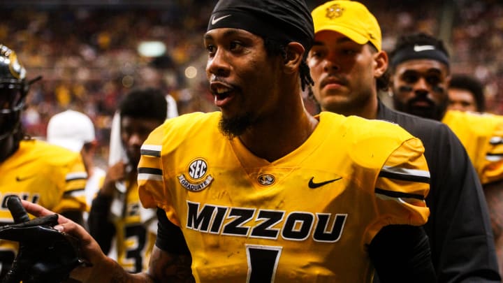 Missouri wide receiver Theo Wease (1) is seen as he walks off the field after MU defeated Memphis 34-17 at the Dome at America's Center on Sept. 23, 2023, in St. Louis, Mo. Missouri wide receiver Theo Wease (1) is seen as he walks off the field after MU defeated Memphis 34-17 at the Dome at America's Center on Sept. 23, 2023, in St. Louis, Mo.