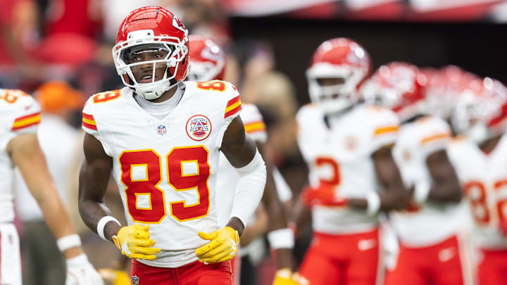 Aug 9, 2025; Glendale, Arizona, USA; Kansas City Chiefs wide receiver Jason Brownlee (89) against the Arizona Cardinals during a preseason NFL game at State Farm Stadium. Mandatory Credit: Mark J. Rebilas-Imagn Images