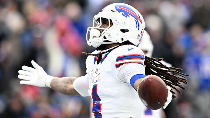 Buffalo Bills running back James Cook reacts after scoring a TD against the New England Patriots. Buffalo Bills running back James Cook reacts after scoring a TD against the New England Patriots.