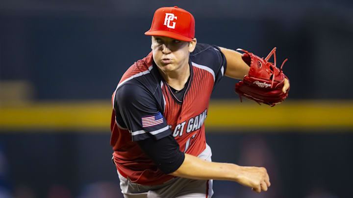 Aug 28, 2022; Phoenix, Arizona, US; West pitcher Travis Sykora (17) during the Perfect Game All-American Classic high school baseball game at Chase Field. Aug 28, 2022; Phoenix, Arizona, US; West pitcher Travis Sykora (17) during the Perfect Game All-American Classic high school baseball game at Chase Field.