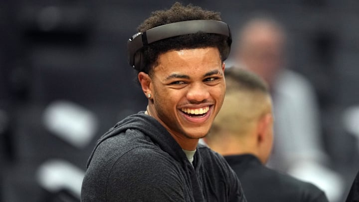 Nov 16, 2024; Sacramento, California, USA; Utah Jazz guard Keyonte George (3) before the game against the Sacramento Kings at Golden 1 Center. Mandatory Credit: Darren Yamashita-Imagn Images