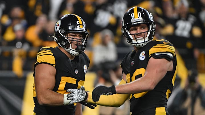 Oct 28, 2024; Pittsburgh, Pennsylvania, USA; Pittsburgh Steelers linebacker Alex Highsmith (56) celebrates with T.J. Watt (90) after sacking New York Giants quarterback Daniel Jones (8) during the third quarter at Acrisure Stadium. Mandatory Credit: Barry Reeger-Imagn Images Oct 28, 2024; Pittsburgh, Pennsylvania, USA; Pittsburgh Steelers linebacker Alex Highsmith (56) celebrates with T.J. Watt (90) after sacking New York Giants quarterback Daniel Jones (8) during the third quarter at Acrisure Stadium. Mandatory Credit: Barry Reeger-Imagn Images