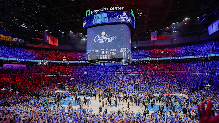 Jun 22, 2025; Oklahoma City, Oklahoma, USA; A general overview of the arena at the end of game seven of the 2025 NBA Finals between the Indiana Pacers and Oklahoma City Thunder at Paycom Center. Mandatory Credit: Alonzo Adams-Imagn Images Jun 22, 2025; Oklahoma City, Oklahoma, USA; A general overview of the arena at the end of game seven of the 2025 NBA Finals between the Indiana Pacers and Oklahoma City Thunder at Paycom Center. Mandatory Credit: Alonzo Adams-Imagn Images