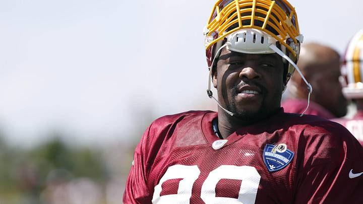 Aug 1, 2015; Richmond, VA, USA; Washington Redskins defensive tackle Terrance Knighton (98) stands on the field during afternoon practice as part of day three of training camp at Bon Secours Washington Redskins Training Center. Mandatory Credit: Geoff Burke-Imagn Images