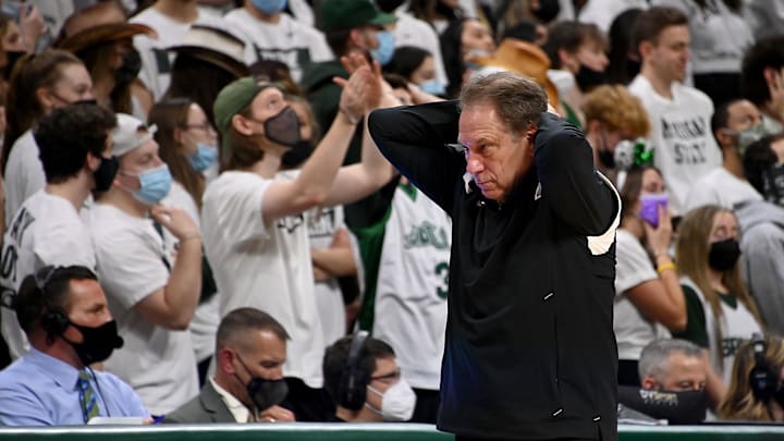 Feb 12, 2022; East Lansing, Michigan, USA; Michigan State Spartans head coach Tom Izzo reacts to a call that went against him in the second half against the Indiana Hoosiers at Jack Breslin Student Events Center. Mandatory Credit: Dale Young-Imagn Images Feb 12, 2022; East Lansing, Michigan, USA; Michigan State Spartans head coach Tom Izzo reacts to a call that went against him in the second half against the Indiana Hoosiers at Jack Breslin Student Events Center. Mandatory Credit: Dale Young-Imagn Images