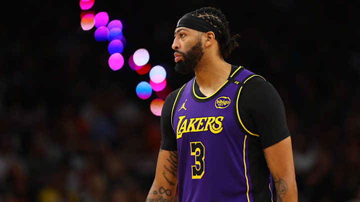 Oct 28, 2024; Phoenix, Arizona, USA; Los Angeles Lakers forward Anthony Davis (3) against the Phoenix Suns at Footprint Center. Mandatory Credit: Mark J. Rebilas-Imagn Images