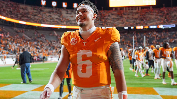 Tennessee quarterback Joey Aguilar (6) smiles after a college football game between Tennessee and Arkansas at Neyland Stadium in Knoxville, Tenn., on Oct. 11, 2025.
